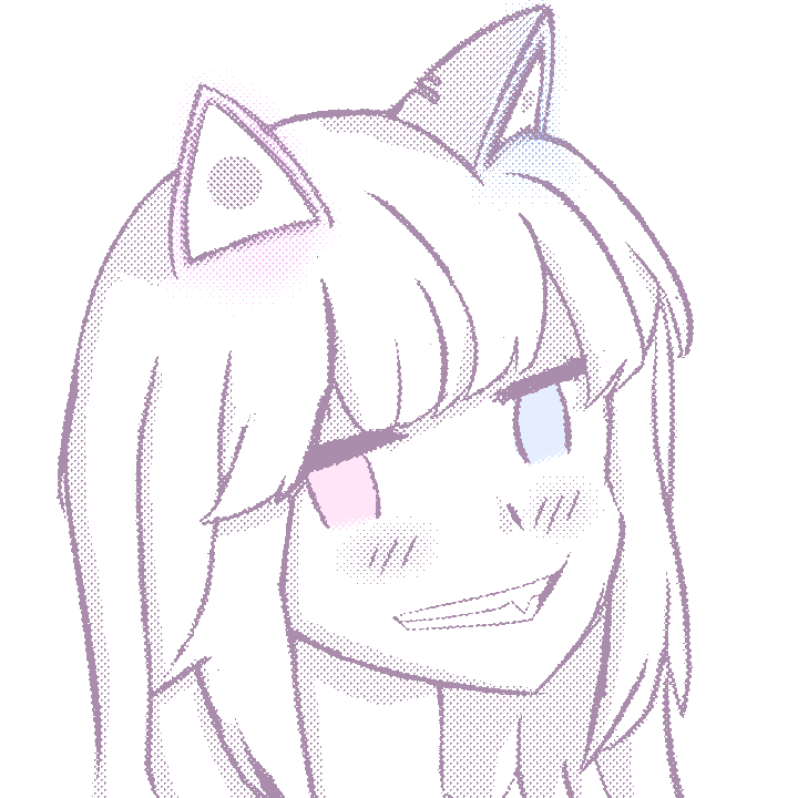 drawing of me, by me. i have unkempt, but clean long hair, with a pair of robotic cat ears on top.
                 my left eye is light blue, and my right light pink. i am giving a shy but large grin.