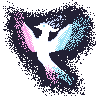 pixel art of a white phoenix with pink and blue fire coming off the wings and tail